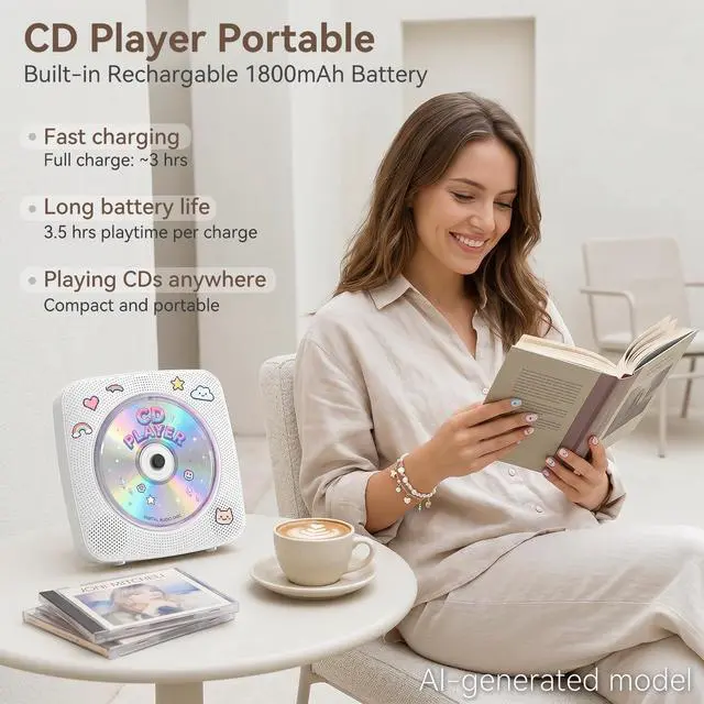 Alt view image 2 of 7 - CD Player Portable Bluetooth Rechargeable: CD Players for Home with 1800mAh Desktop Wall CD Player with Speakers Music Player CD Boombox FM Radio USB Remote Control