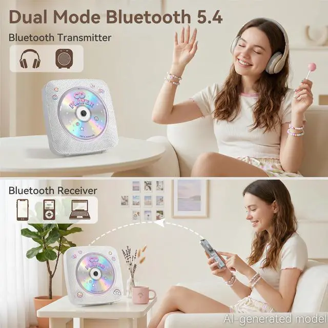 Alt view image 3 of 7 - CD Player Portable Bluetooth Rechargeable: CD Players for Home with 1800mAh Desktop Wall CD Player with Speakers Music Player CD Boombox FM Radio USB Remote Control