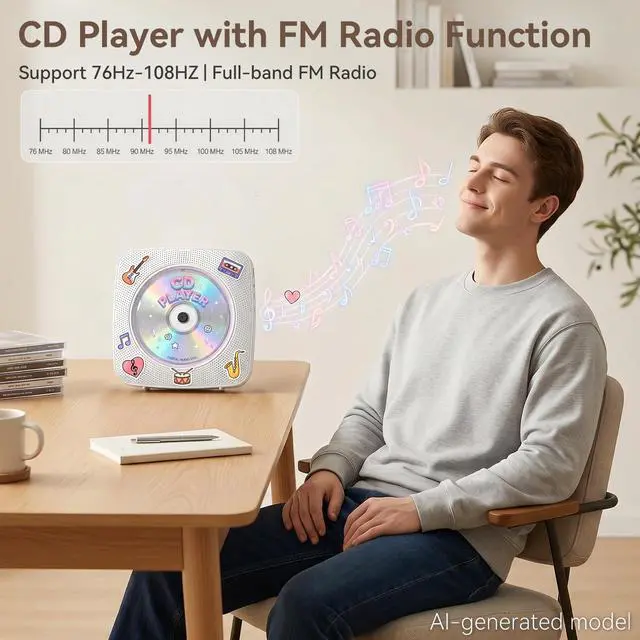 Alt view image 6 of 7 - CD Player Portable Bluetooth Rechargeable: CD Players for Home with 1800mAh Desktop Wall CD Player with Speakers Music Player CD Boombox FM Radio USB Remote Control