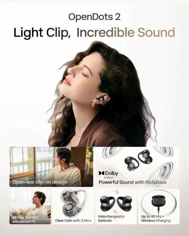 Alt view image 2 of 7 - OpenDots 2 Open-Ear Clip-On Earbuds, Black, Dolby Audio, 3 Mics