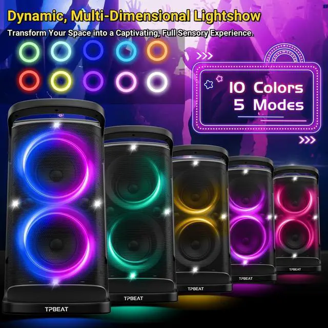 Alt view image 3 of 7 - Portable Bluetooth Speaker: 160W Peak Powerful Loud Sound Deep Bass Wireless Boombox Large Subwoofer 15 Hours Battery Life Fast Charging with Led Light Show for Party Outdoor Camping Backyard