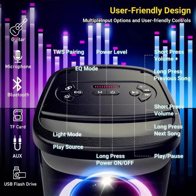 Alt view image 6 of 7 - Portable Bluetooth Speaker: 160W Peak Powerful Loud Sound Deep Bass Wireless Boombox Large Subwoofer 15 Hours Battery Life Fast Charging with Led Light Show for Party Outdoor Camping Backyard