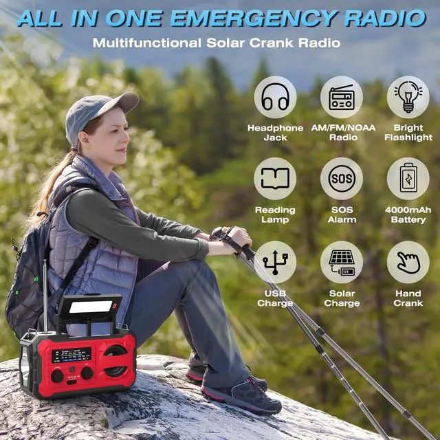 Alt view image 7 of 7 - Weather Radio, 10000mAh Large Battery Emergency Radio, Survival Gear | Portable Radio Can Power Phones with USB/Solar/Hand Crank Charging, LED Flashlight, SOS Alarm for Indoor/Outdoor Emergencies
