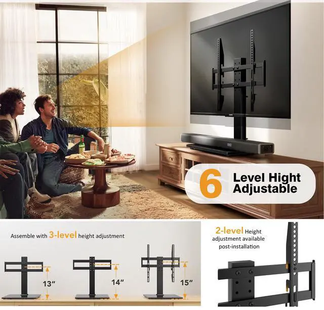 Alt view image 3 of 7 - Universal TV Stand - Table Top TV Stand for 27-60 inch LCD LED TVs - 6 Level Height Adjustable TV Base Stand with Tempered Glass Base & Wire Management, VESA 400x400mm