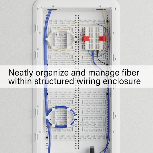 Alt view image 2 of 6 - Legrand OnQ Universal Mounting Plate 10 Inch, Secure Devices In Structured Media Enclosure, With 2 Ratchet Clamps, Recessed Wall Plate To Organize Cable, White, AC1040F