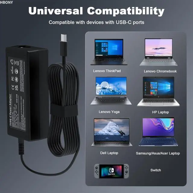 Alt view image 2 of 7 - 65W USB C Laptop Charger Compatible with Lenovo Thinkpad Laptop Charger | 65W USB C Charger T14 T14s X1 Think pad, Yoga Computer Charger 7i, 65 Watt Replacement Type C Chromebook Power Cord Adapter