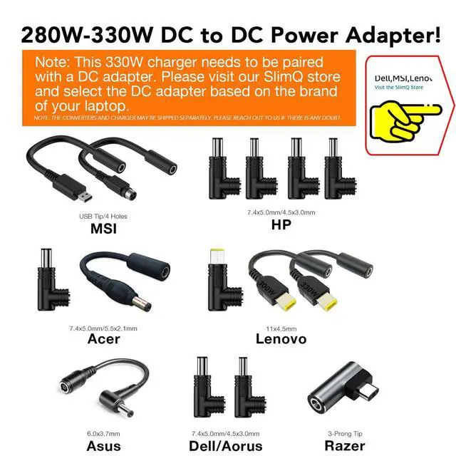 Alt view image 2 of 7 - 330W Compact Universal Gaming Laptop Charger, DC + 2 USB-C