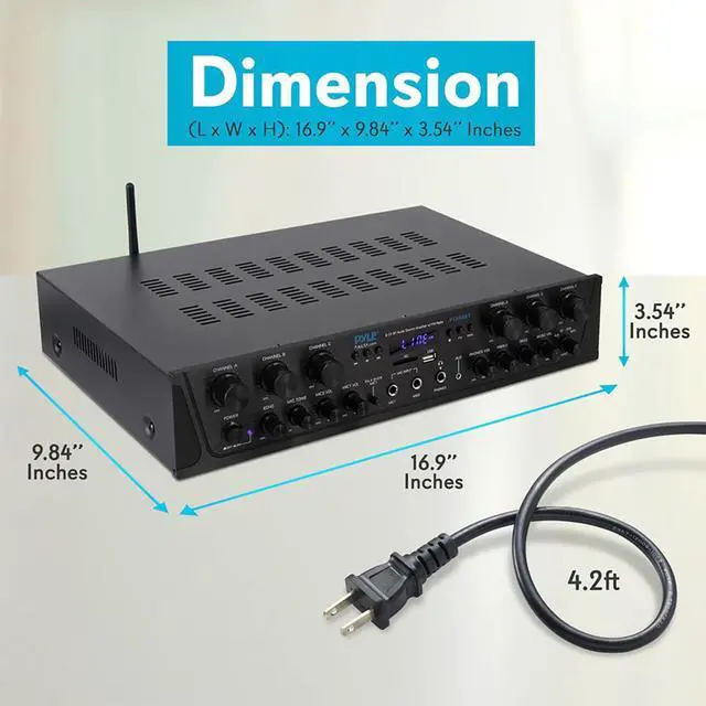 Alt view image 3 of 7 - Home Audio Amplifier with Bluetooth - 6 Channel 600 Watt Peak Power, Karaoke with Echo, 2 Mic Input with Talkover, Headphone In, USB A MP3 Player with SD Reader - Home, Commercial, Worship