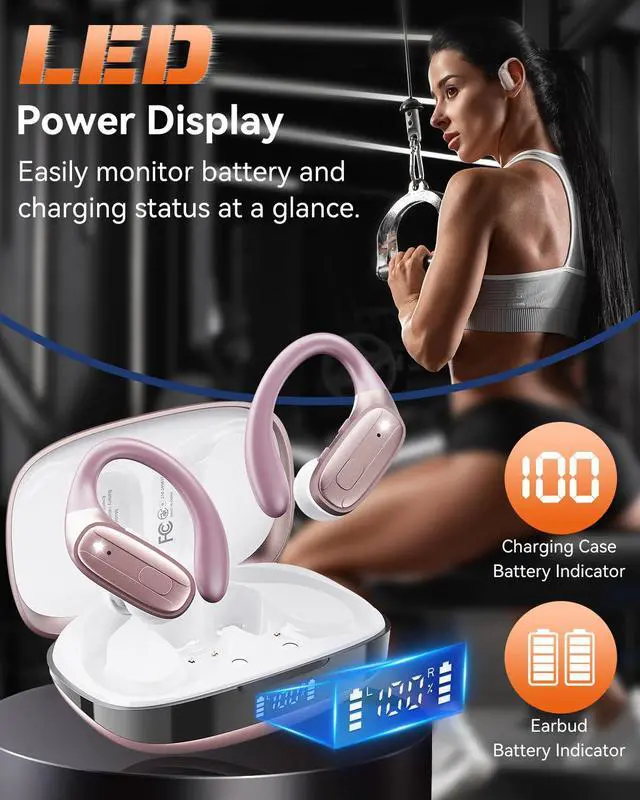 Alt view image 2 of 7 - Wireless Earbuds, Bluetooth Headphones 5.4, 80Hr Playtime Ear Buds with Hooks for Sports, Noise Canceling, LED Display, IPX7 Waterproof Earphones for Workout Running, Rosegold
