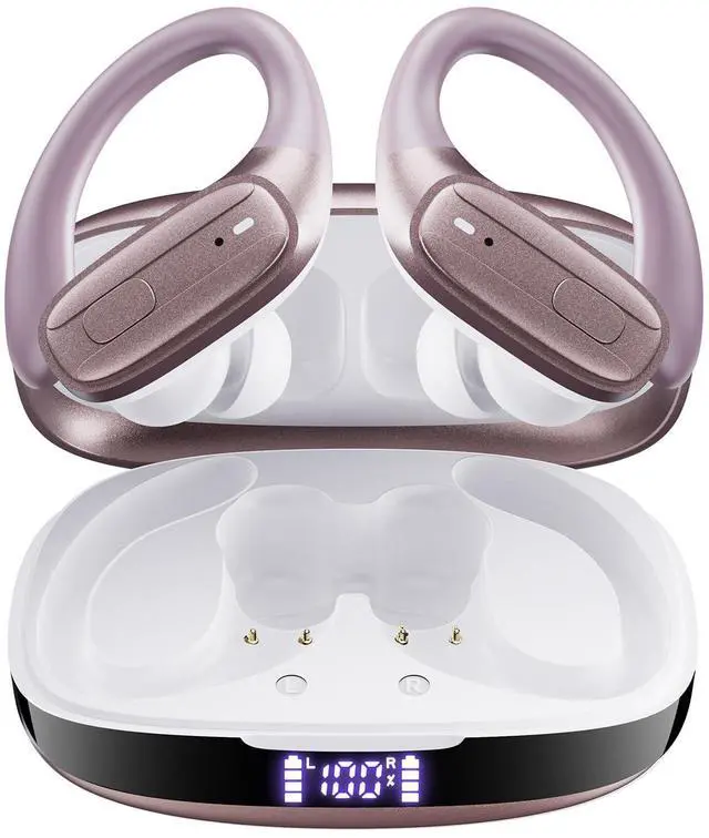 Main image of Wireless Earbuds, Bluetooth Headphones 5.4, 80Hr Playtime Ear Buds with Hooks for Sports, Noise Canceling, LED Display, IPX7 Waterproof Earphones for Workout Running, Rosegold
