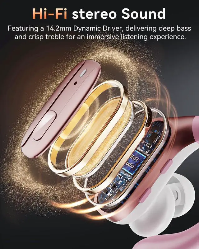 Alt view image 3 of 7 - Wireless Earbuds, Bluetooth Headphones 5.4, 80Hr Playtime Ear Buds with Hooks for Sports, Noise Canceling, LED Display, IPX7 Waterproof Earphones for Workout Running, Rosegold