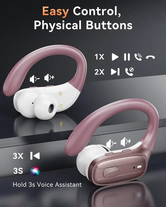 Alt view image 6 of 7 - Wireless Earbuds, Bluetooth Headphones 5.4, 80Hr Playtime Ear Buds with Hooks for Sports, Noise Canceling, LED Display, IPX7 Waterproof Earphones for Workout Running, Rosegold