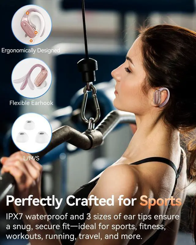 Alt view image 5 of 7 - Wireless Earbuds, Bluetooth Headphones 5.4, 80Hr Playtime Ear Buds with Hooks for Sports, Noise Canceling, LED Display, IPX7 Waterproof Earphones for Workout Running, Rosegold