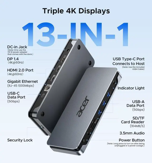 Alt view image 2 of 7 - 13-in-1 Laptop Docking Station, USB-C 3 Display Docking (2 HDMI+1 DP) | 100W Laptop Charging, 5Gbps USB-A/C, 1Gbps LAN, Requires Full-Featured USB-C Port, Windows Compatible,macOS Supports Only SST