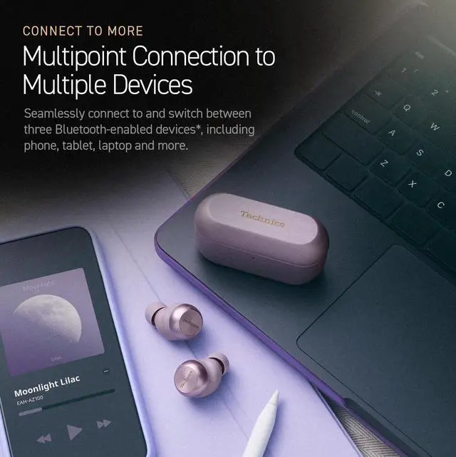 Alt view image 6 of 7 - Reference Class HiFi Wireless Earbuds,Dolby Atmos with Head Tracking,Adaptive Noise Cancelling,3 Device Multipoint, 10-hr Battery,Wireless Charging Improved Fit -EAH-AZ100-V (Moonlight Lilac)