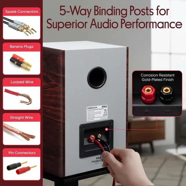 Alt view image 3 of 7 - 5.25 Wired Bookshelf Speakers Pair 2-Way HiFi Stereo Home Theater Speakers with Silk Dome Tweeter, Woven Woofer, Magnetic Grille and Wall Mount Brackets, Cherry Finish