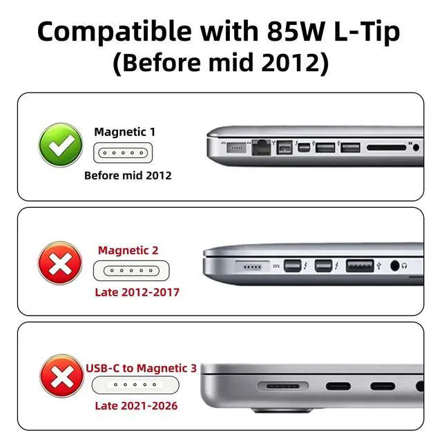 Alt view image 2 of 7 - Mac Book Pro Charger 85W L-Tip Power Adapter for 13/15/17" Before Mid 2012 | Mag-netic 1 Charger Laptop Charger Compatible with old Mac Book Pro 6.6FT Cable