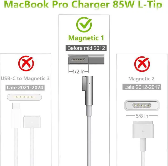 Alt view image 3 of 7 - Mac Book Pro Charger 85W L-Tip Power Adapter for 13/15/17" Before Mid 2012 | Mag-netic 1 Charger Laptop Charger Compatible with old Mac Book Pro 6.6FT Cable