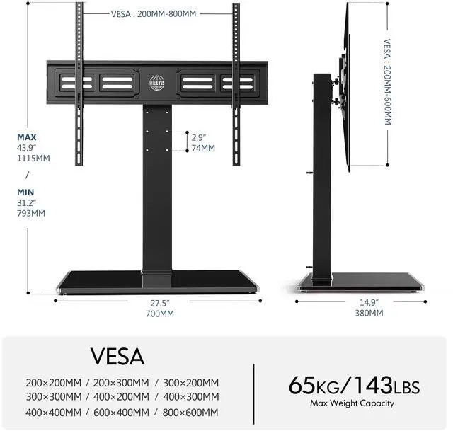 Alt view image 7 of 7 - Universal TV Stand with Swivel Mount for 50-85 inch Flat Screens - Height Adjustable Tempered Glass Base Holds up to 143 lbs