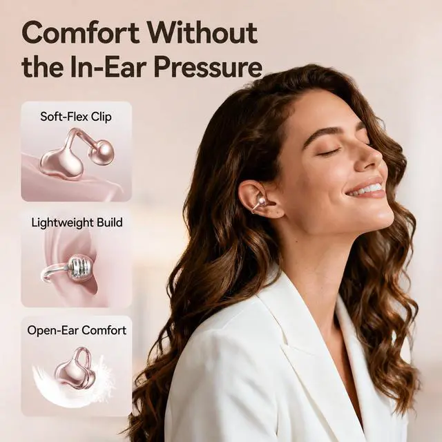 Alt view image 3 of 7 - Upgraded Clip-On Earbuds, Open Ear Earbuds Comfortable Secure Fit | Crystal-Clear Sound, 40H Playtime, Wireless Headphones Bluetooth 6.0 for Women, Glasses & Small Ears, Sports, IP56, Rose Gold