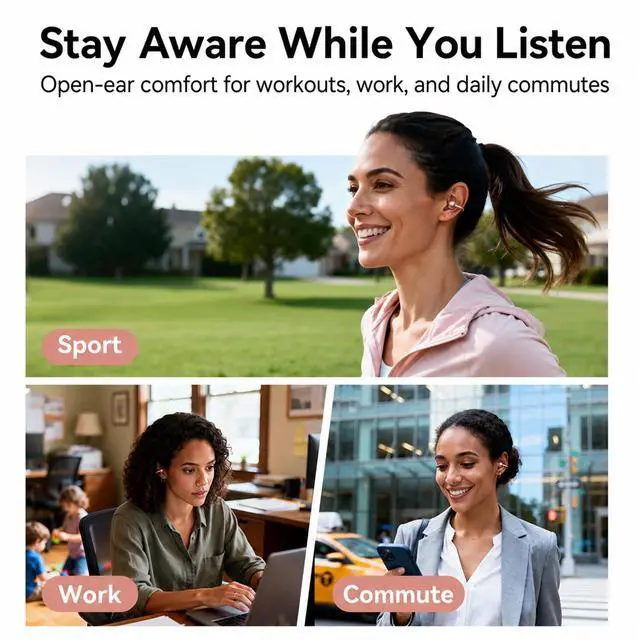 Alt view image 4 of 7 - Upgraded Clip-On Earbuds, Open Ear Earbuds Comfortable Secure Fit | Crystal-Clear Sound, 40H Playtime, Wireless Headphones Bluetooth 6.0 for Women, Glasses & Small Ears, Sports, IP56, Rose Gold