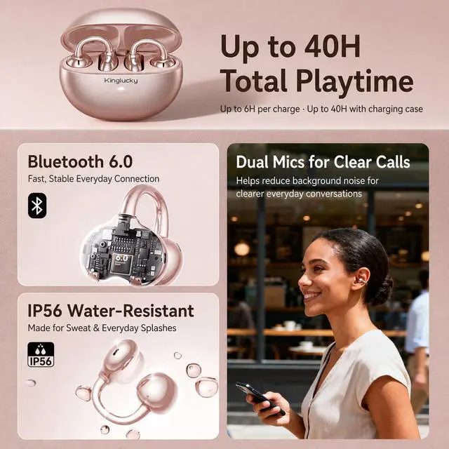 Alt view image 6 of 7 - Upgraded Clip-On Earbuds, Open Ear Earbuds Comfortable Secure Fit | Crystal-Clear Sound, 40H Playtime, Wireless Headphones Bluetooth 6.0 for Women, Glasses & Small Ears, Sports, IP56, Rose Gold