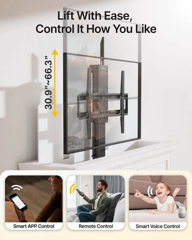 Alt view image 3 of 7 - Motorized TV Lift for 37-65 inch TVs | Ceiling&Vertical TV Lift Mechanism,RF Remote&Smart Phone&Voice Control via WiFi,Load Capacity of 132LBS,Max VESA 600*400