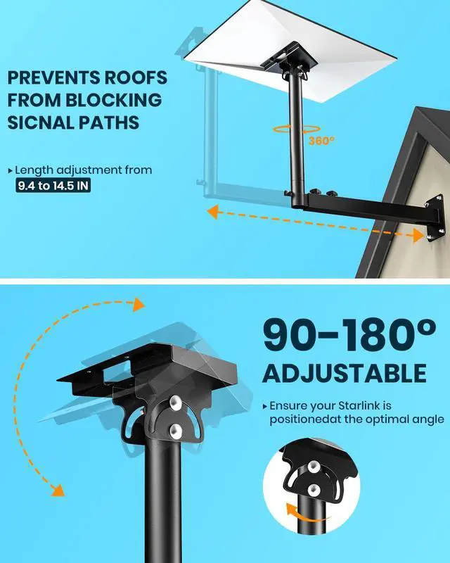 Alt view image 4 of 7 - Starlink Mount Compatible with Starlink Standard 4/4X/V3 | Heavy Duty 0-180° Adjustable Pipe Adapter, Universal Extension Pole & Long Wall Starlink Mount