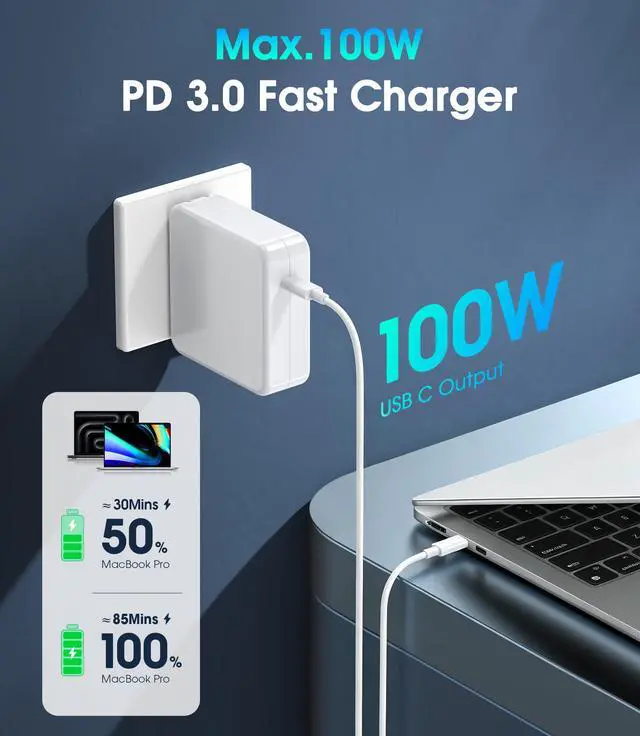 Alt view image 2 of 7 - 100W GaN USB C Laptop Charger for MacBook Pro/Air Power Adapter | Compatible with MacBook Pro/Air M1-M5, 13-16 Inch, iPad Pro, Samsung Galaxy and more USB-C devices with foldable plug