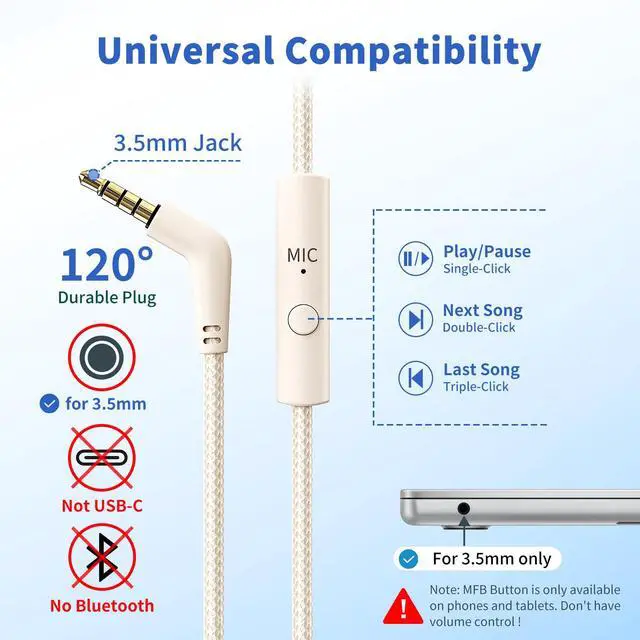 Alt view image 2 of 7 - Headphones Wired with Microphone, Over Ear Foldable 3.5mm Plug in Headphones Corded with 4.9ft Tangle-Free Nylon Cord for Tablet, Laptop, MP3/4, School, Airplane Travel (Beige)