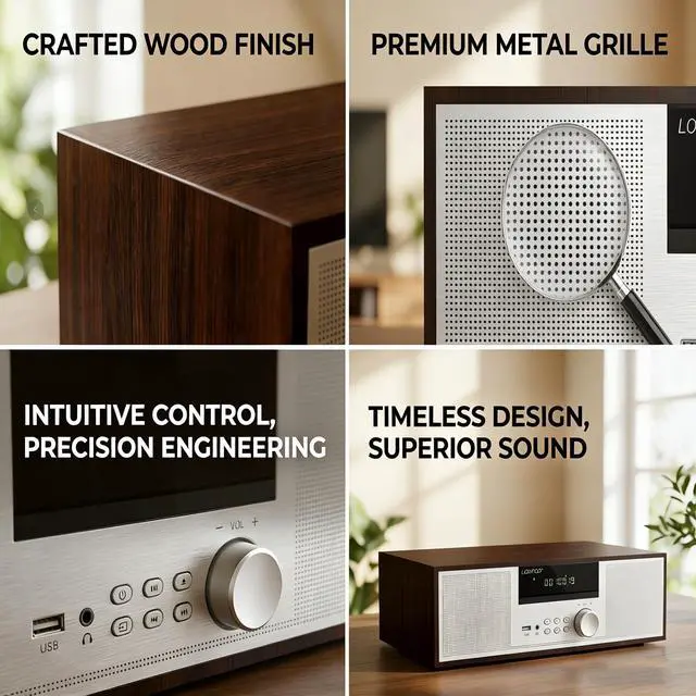 Alt view image 7 of 7 - Bluetooth Stereo System for Home, 40W CD Player with Speaker | DSP Enhanced Audio, Real Wood Enclosure,12mm Thick MDF, Aluminum Panel, 3" Woofer, Preset 20 Programmable FM Stations,Silver