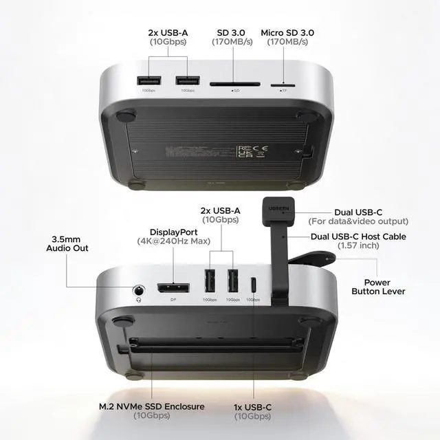 Alt view image 3 of 7 - Mac mini M4 Dock DP Hub 4K@144Hz with NVMe Enclosure | 10G USB-A/C, SD/TF slots, audio port, M.2 NVMe enclosure, for Mac mini M4/M4 Pro 2024