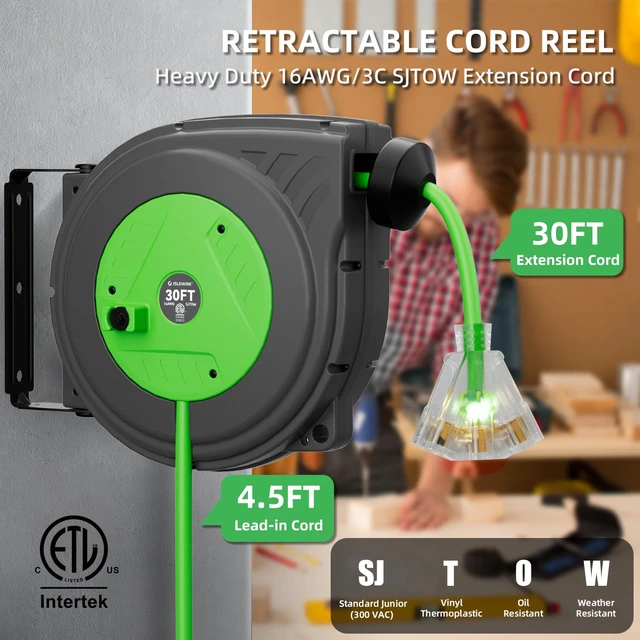 Alt view image 2 of 7 - 30FT Retractable Extension Cord Reel, 16AWG/3C SJTOW Heavy Duty Power Cord Reel with Lighted Triple Outlets, 10A Circuit Breaker, Lightweight Ceiling/Wall Mount Reel for Garage, ETL Listed, Green