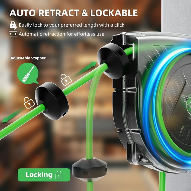 Alt view image 4 of 7 - 30FT Retractable Extension Cord Reel, 16AWG/3C SJTOW Heavy Duty Power Cord Reel with Lighted Triple Outlets, 10A Circuit Breaker, Lightweight Ceiling/Wall Mount Reel for Garage, ETL Listed, Green