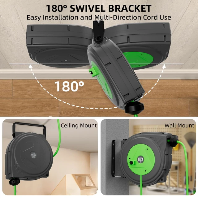 Alt view image 5 of 7 - 30FT Retractable Extension Cord Reel, 16AWG/3C SJTOW Heavy Duty Power Cord Reel with Lighted Triple Outlets, 10A Circuit Breaker, Lightweight Ceiling/Wall Mount Reel for Garage, ETL Listed, Green