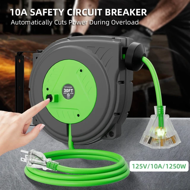 Alt view image 7 of 7 - 30FT Retractable Extension Cord Reel, 16AWG/3C SJTOW Heavy Duty Power Cord Reel with Lighted Triple Outlets, 10A Circuit Breaker, Lightweight Ceiling/Wall Mount Reel for Garage, ETL Listed, Green