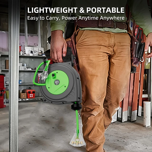 Alt view image 6 of 7 - 30FT Retractable Extension Cord Reel, 16AWG/3C SJTOW Heavy Duty Power Cord Reel with Lighted Triple Outlets, 10A Circuit Breaker, Lightweight Ceiling/Wall Mount Reel for Garage, ETL Listed, Green