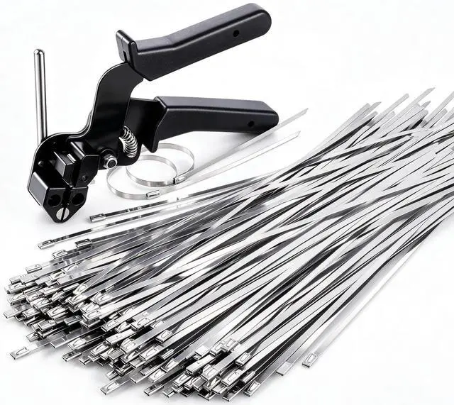 Main image of Stainless Steel Zip Tie Tool Kit with 150 Pcs 304 Metal Zip Ties | 200 lbs Tensile Strength, Heavy Duty Non-Slip Gear, Safe Flush Cutting for Outdoor Wire Fence, Chainlink & Farm Cage Repair