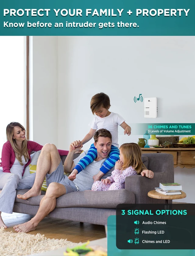 Alt view image 7 of 7 - Driveway Alarm, 36 Melodies, 1 Plug-in Receiver 2 PIR Detectors Home Security Alert System, Weatherproof Design, 1000ft/300m Wireless Transmission Range & 24ft PIR Motion Detection Range