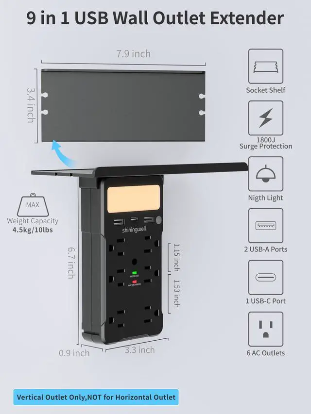 Alt view image 2 of 7 - 6 AC Wall Outlet Extender, Surge Protector, with Shelf and Night Light,Black
