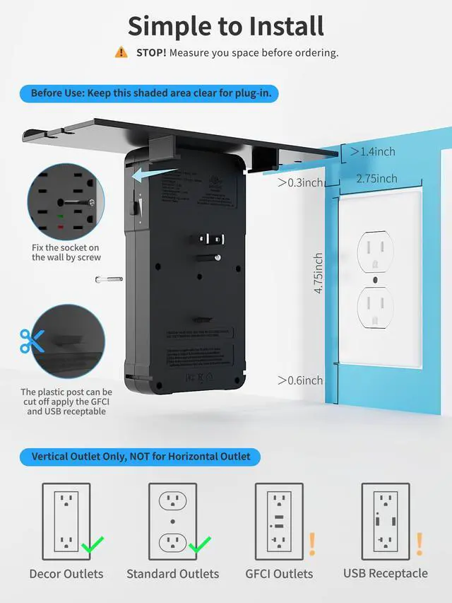 Alt view image 3 of 7 - 6 AC Wall Outlet Extender, Surge Protector, with Shelf and Night Light,Black