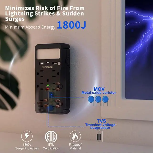 Alt view image 5 of 7 - 6 AC Wall Outlet Extender, Surge Protector, with Shelf and Night Light,Black