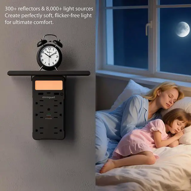 Alt view image 6 of 7 - 6 AC Wall Outlet Extender, Surge Protector, with Shelf and Night Light,Black