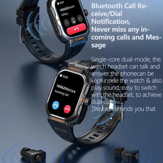Alt view image 4 of 7 - Military Smart Watch with Earbuds for Men and Women,2'' Tactical Display,Sport Modes,Fitness Tracker,Heart Rate,Answer/Make Call, Sleep Monitor, SmartWatch Built-in Headphone Combo,iOS & Android