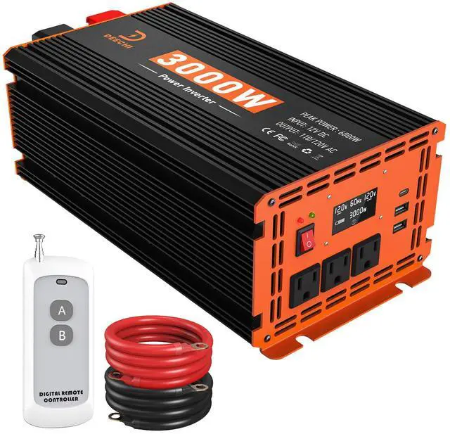 Main image of 3000W Power Inverter 12V DC to 110V/120V AC Converter Peak Power 6000W | for RV/Truck/Boat/Camping/Off-Grid Solar Car Inverter with 3 AC Outlets,USB & Type-C Port, Remote Controller & LCD Screen