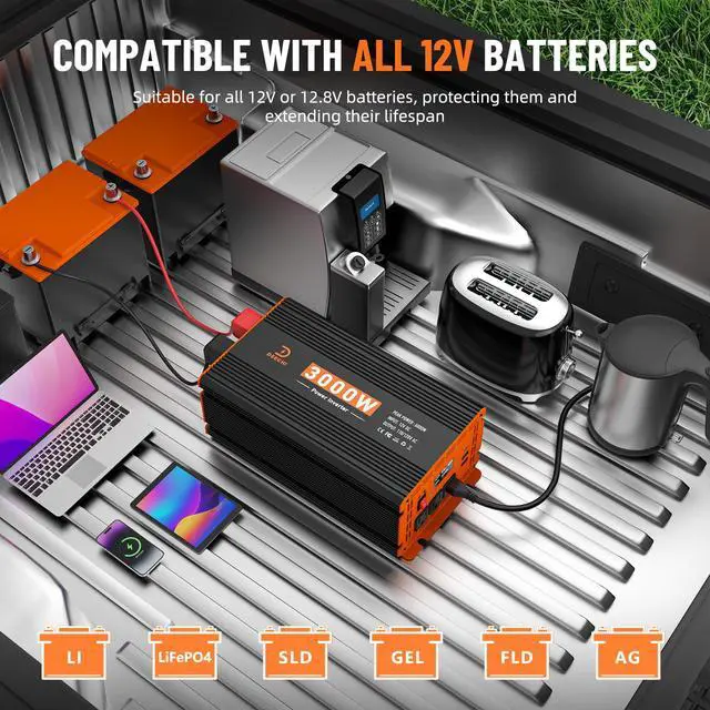 Alt view image 2 of 7 - 3000W Power Inverter 12V DC to 110V/120V AC Converter Peak Power 6000W | for RV/Truck/Boat/Camping/Off-Grid Solar Car Inverter with 3 AC Outlets,USB & Type-C Port, Remote Controller & LCD Screen