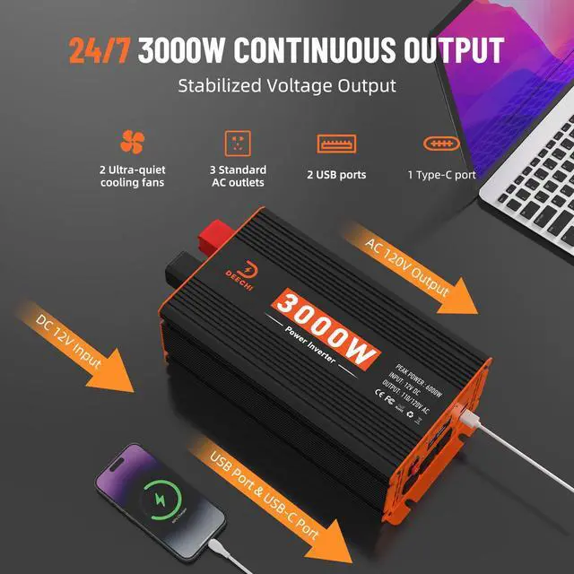 Alt view image 5 of 7 - 3000W Power Inverter 12V DC to 110V/120V AC Converter Peak Power 6000W | for RV/Truck/Boat/Camping/Off-Grid Solar Car Inverter with 3 AC Outlets,USB & Type-C Port, Remote Controller & LCD Screen