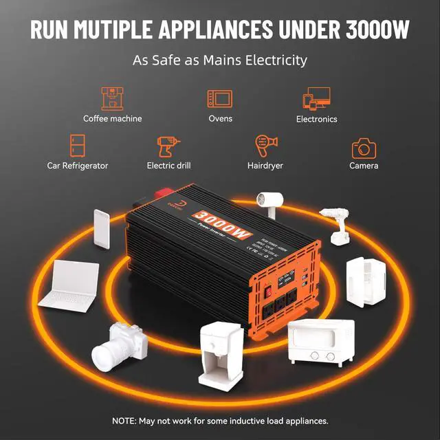 Alt view image 6 of 7 - 3000W Power Inverter 12V DC to 110V/120V AC Converter Peak Power 6000W | for RV/Truck/Boat/Camping/Off-Grid Solar Car Inverter with 3 AC Outlets,USB & Type-C Port, Remote Controller & LCD Screen