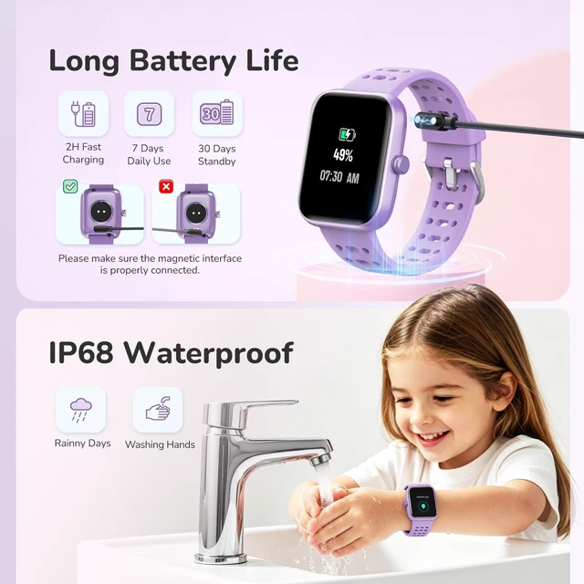 Alt view image 7 of 7 - Kids Smart Watch for Girls, Health Monitor,Puzzle Games, DIY Dials Sleep/Heart Rate/SpO2 Monitor, Activities Track & Pedometer, Alarm Reminders,7 Day Battery, IP68 Waterproof, Gifts for Child