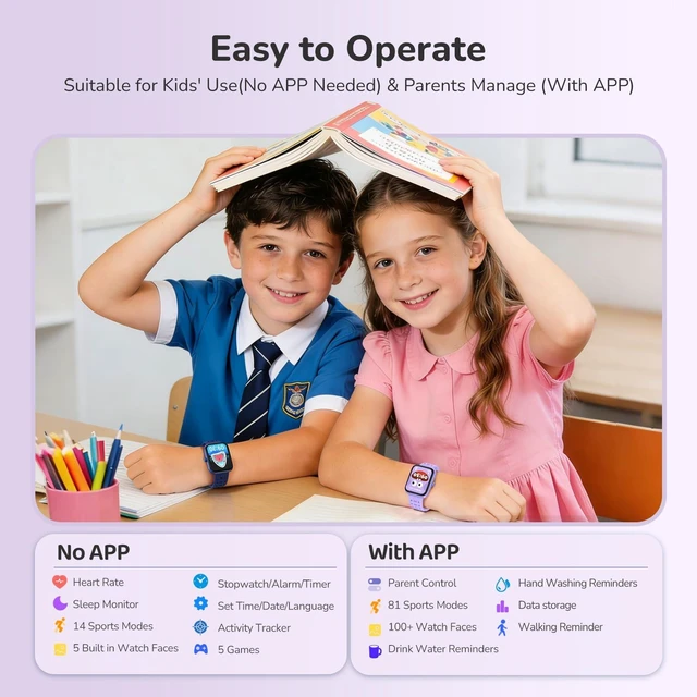 Alt view image 6 of 7 - Kids Smart Watch for Girls, Health Monitor,Puzzle Games, DIY Dials Sleep/Heart Rate/SpO2 Monitor, Activities Track & Pedometer, Alarm Reminders,7 Day Battery, IP68 Waterproof, Gifts for Child